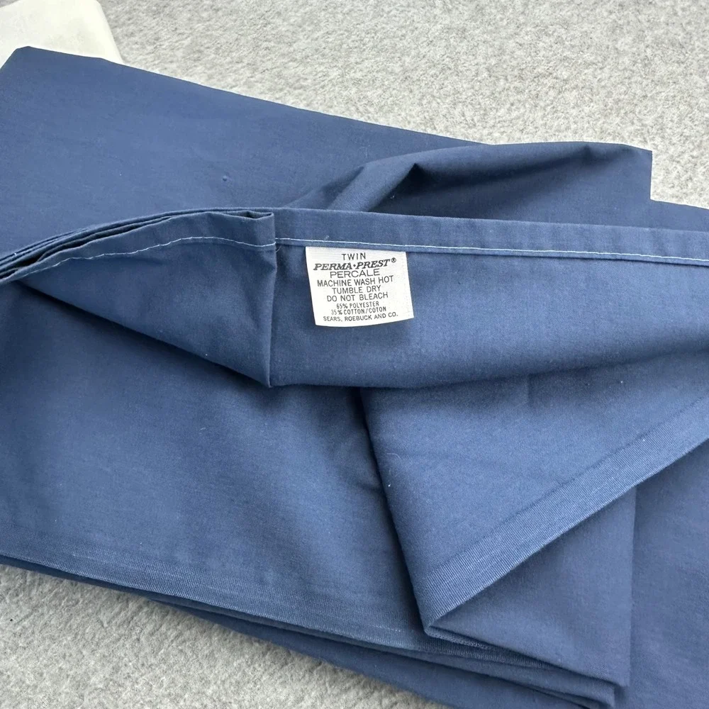 Vtg Sears Perma-Prest Percale Twin Flat Sheet Navy Blue Cream Pillowcase